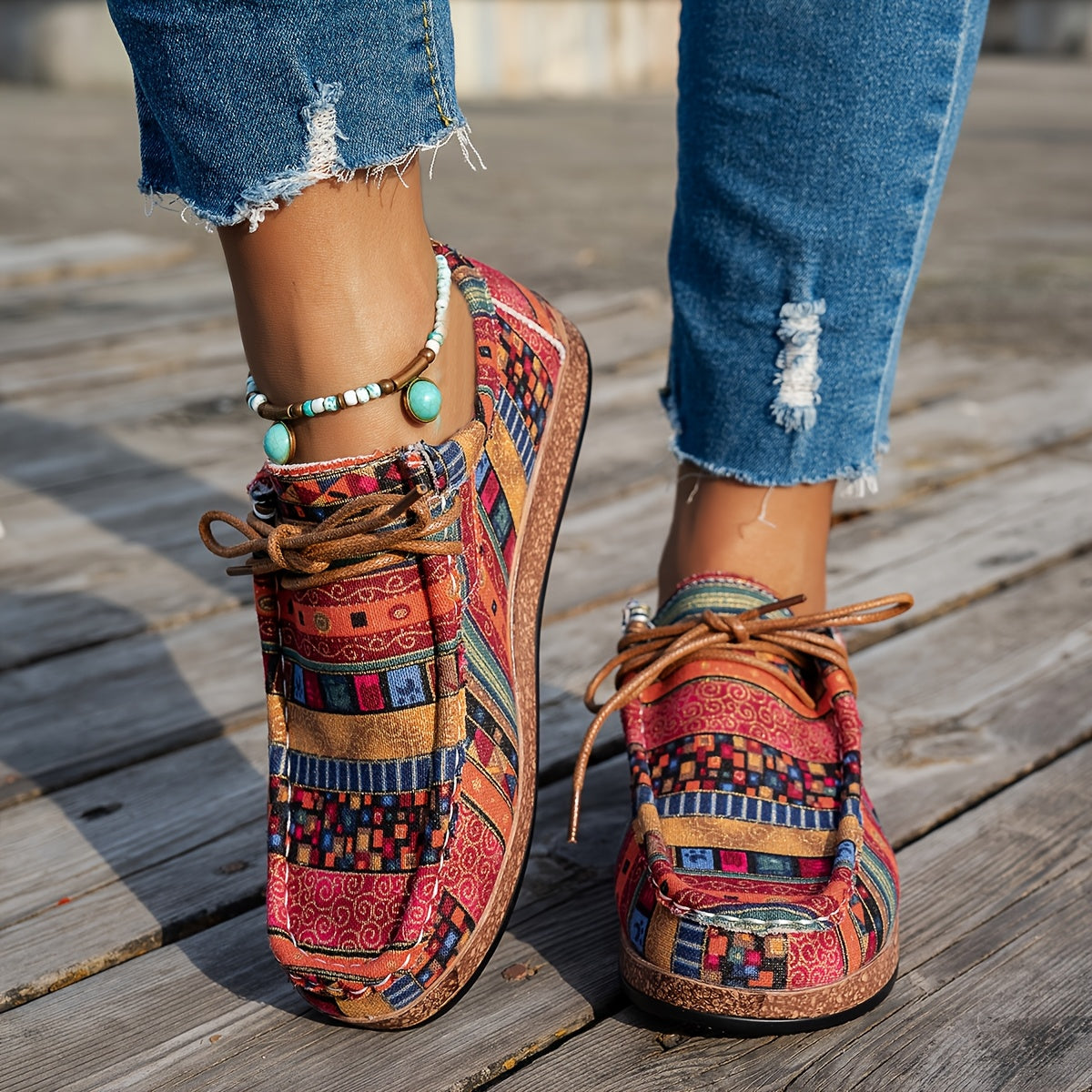 Zoé | Baskets Basses à Lacets avec Motif Ethnique