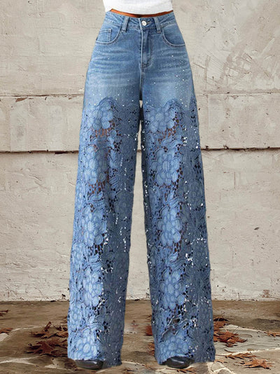 Séraphine | Jean patchwork en dentelle en denim à taille mi-haute