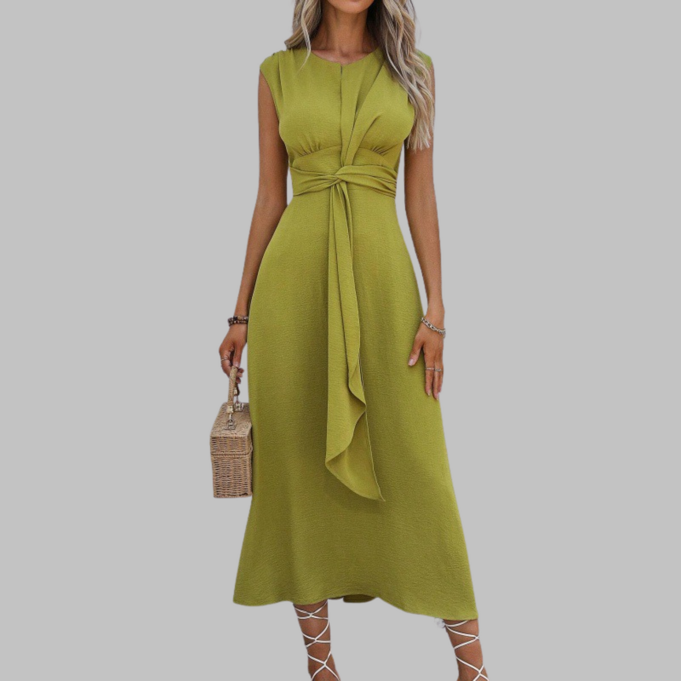 Sévérine | Robe midi sans manches avec taille nouée