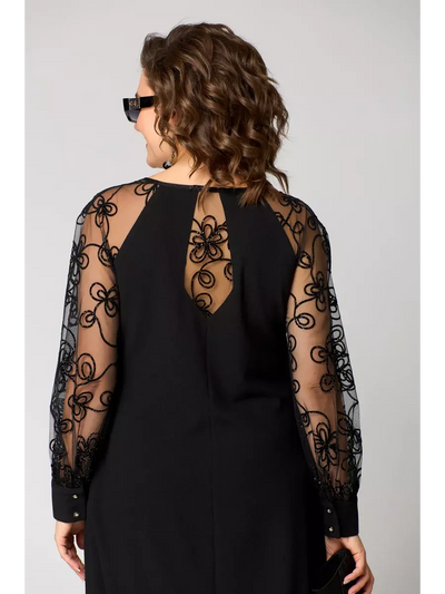 Mélodie | Robe midi en ligne A avec manches transparentes brodées