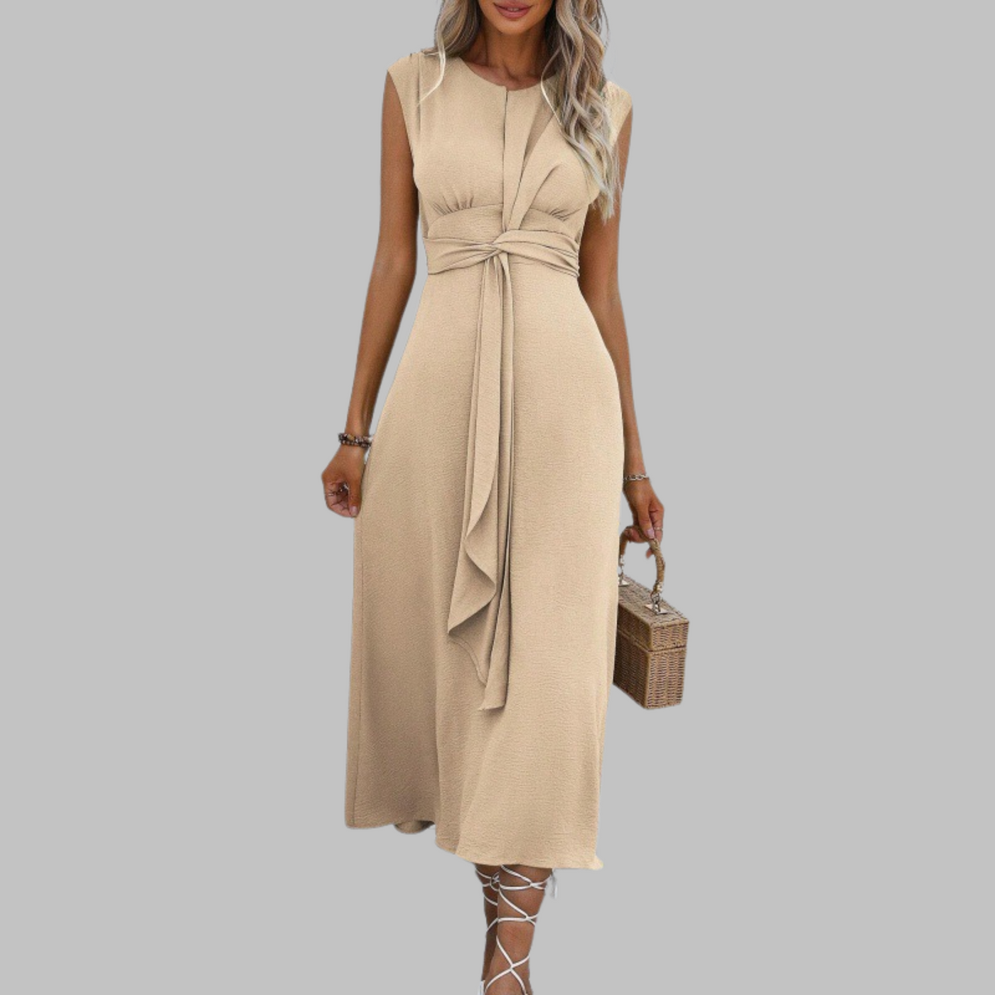 Sévérine | Robe midi sans manches avec taille nouée