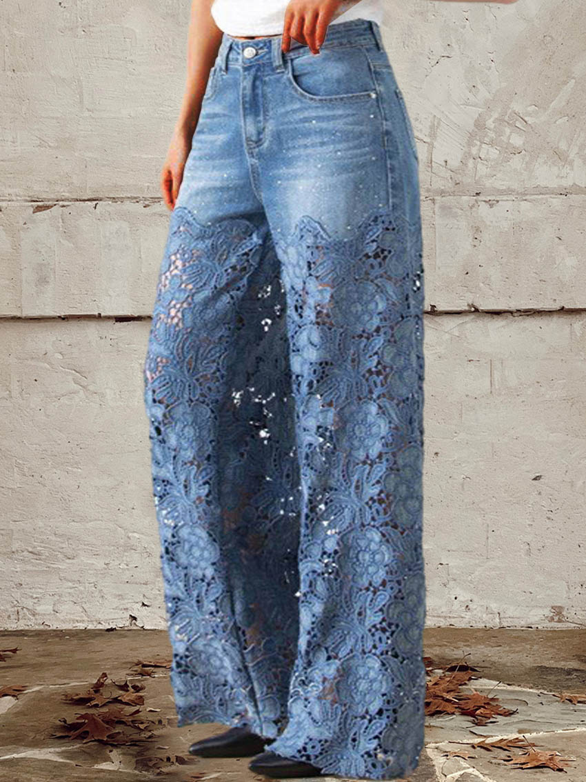 Séraphine | Jean patchwork en dentelle en denim à taille mi-haute