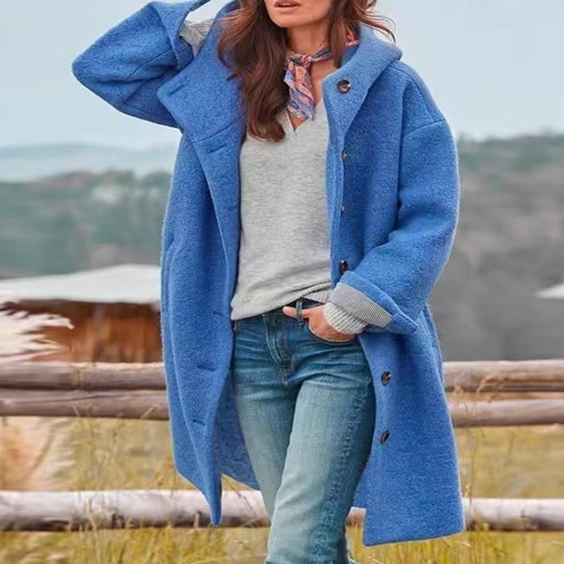 Françoise | Manteau long à capuche femme avec boutonnage frontal