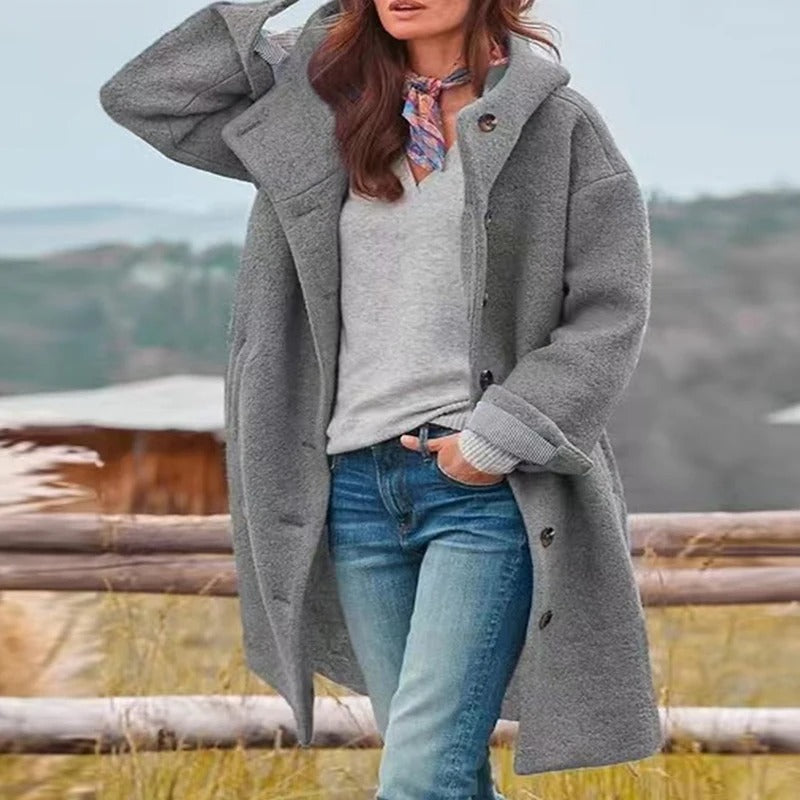 Françoise | Manteau long à capuche femme avec boutonnage frontal