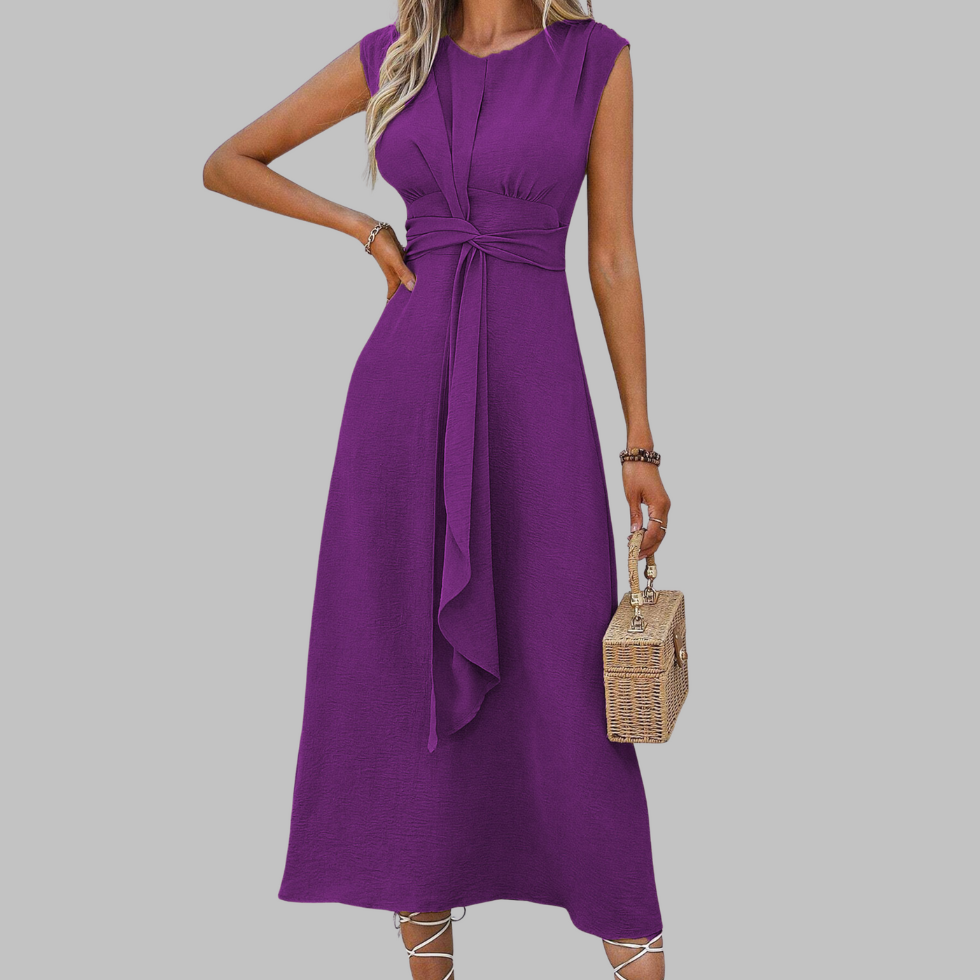 Sévérine | Robe midi sans manches avec taille nouée