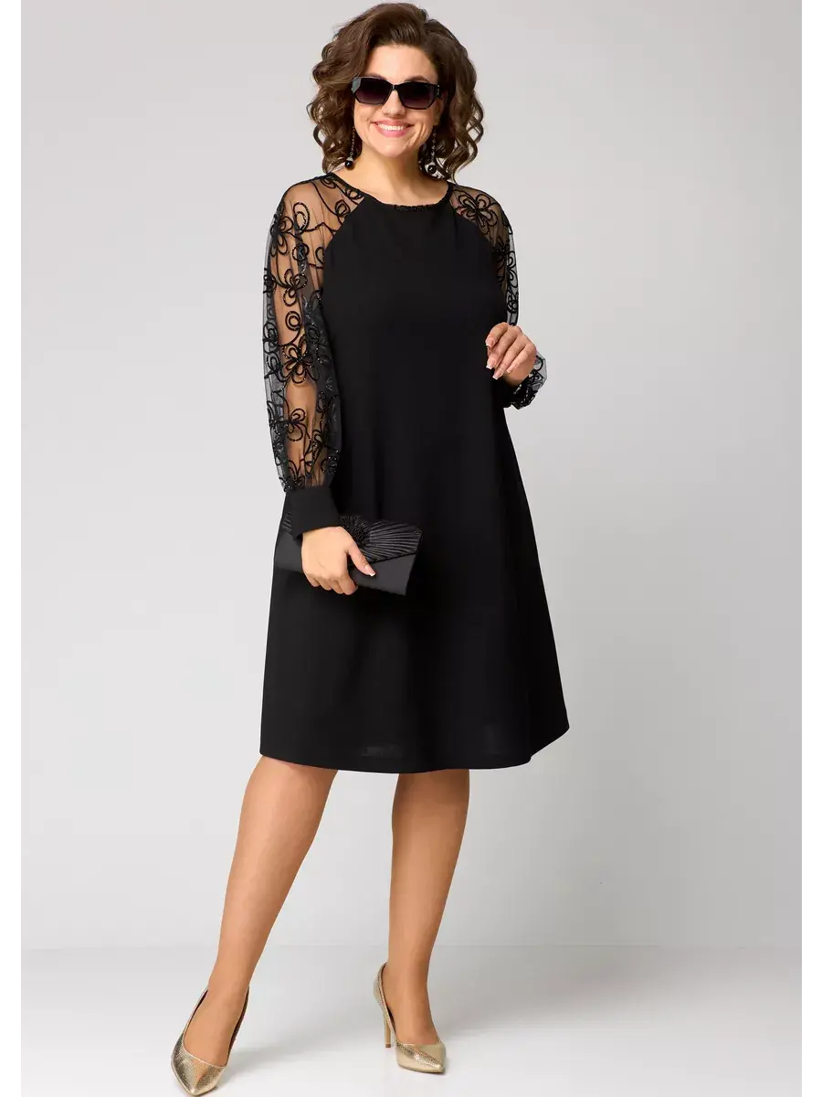 Mélodie | Robe midi en ligne A avec manches transparentes brodées