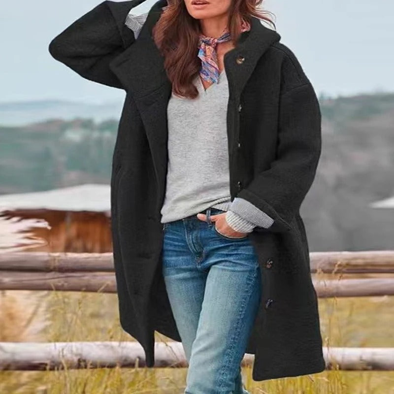 Françoise | Manteau long à capuche femme avec boutonnage frontal