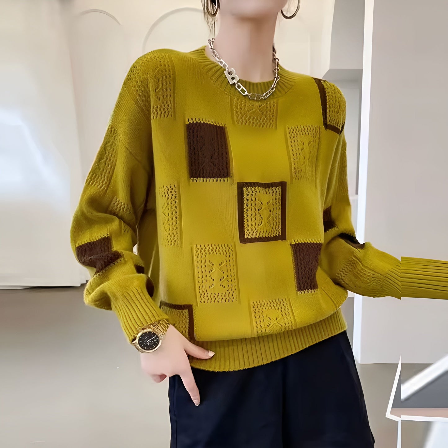 Pauline | Pull en maille à motif patchwork géométrique